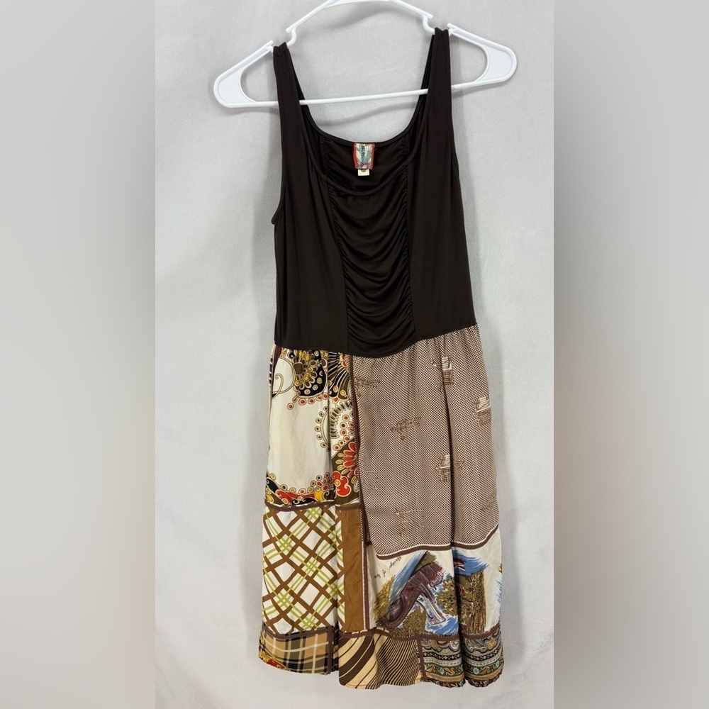 Burning Torch Women’s medium Brown Sleeveless Top Mini Dress Printed Silk